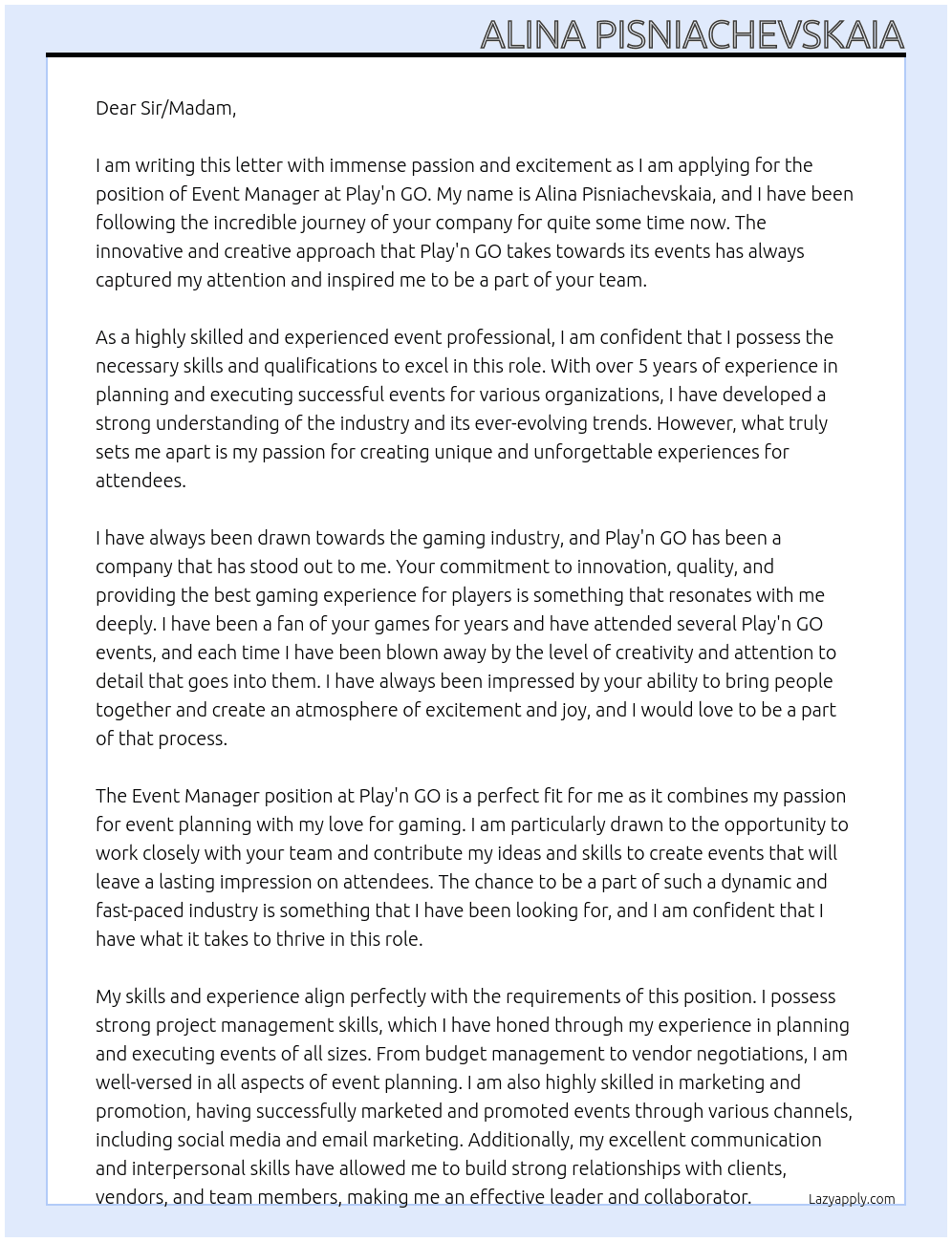 Event Manager At Play'n GO Cover Letter