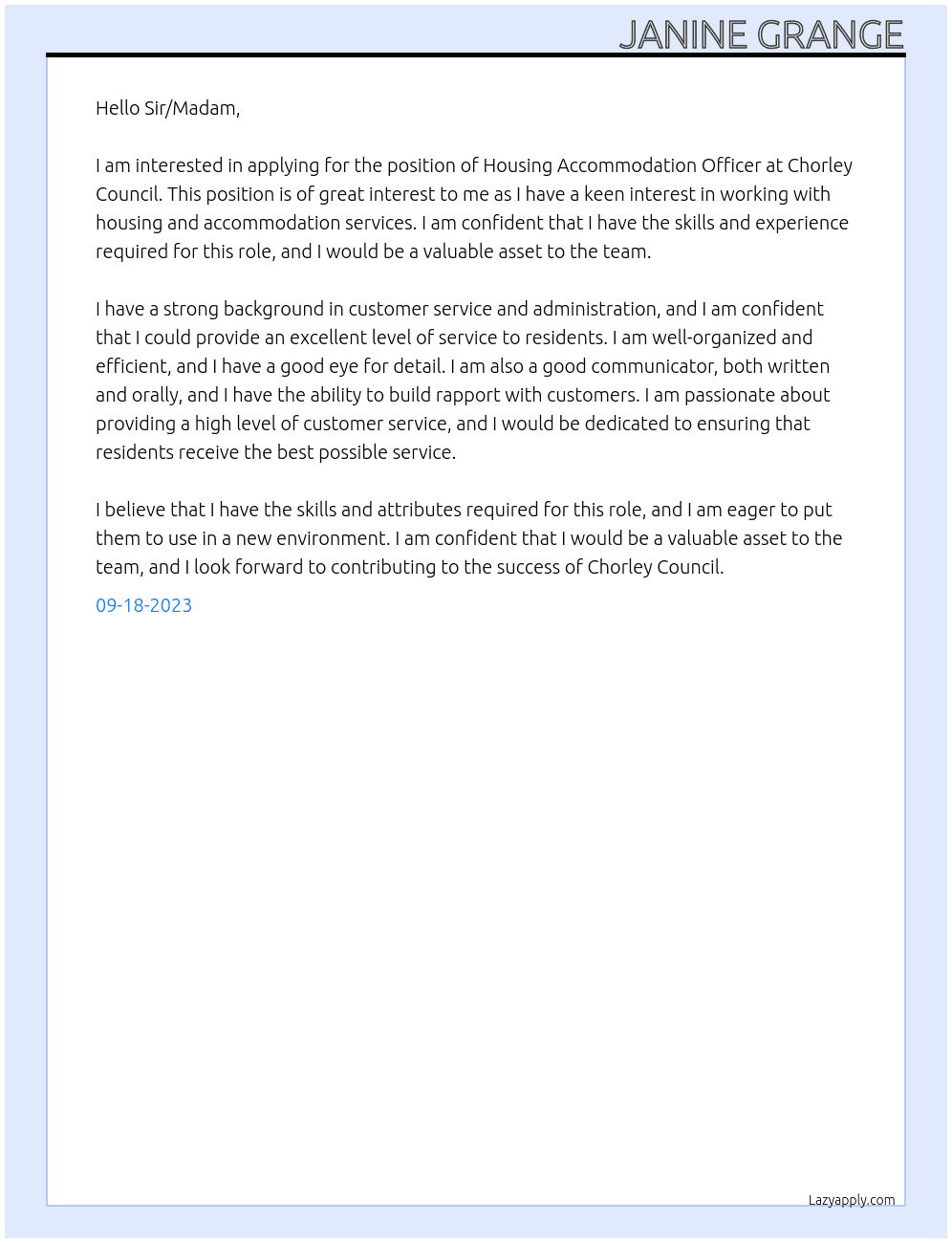 Housing accommodation officer  At Chorley council Cover Letter