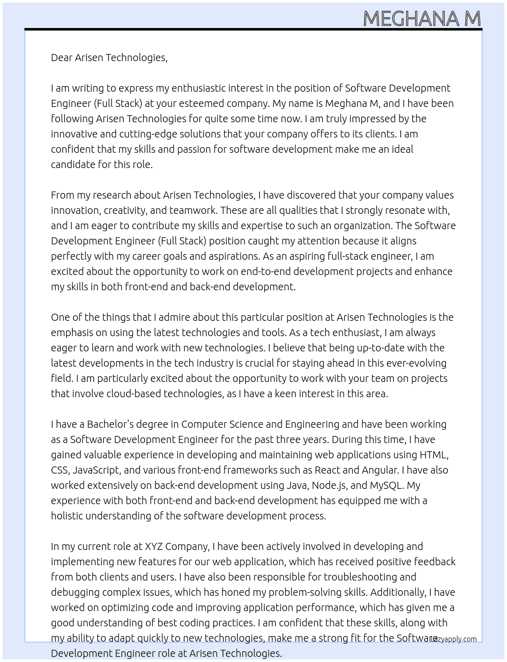 Software Development Engineer (Full Stack) At Arisen technologies Cover Letter