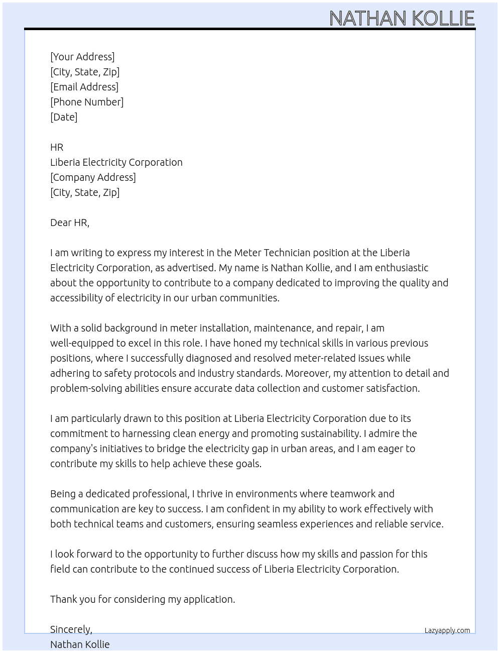 Cover letter for meter technician - LazyApply