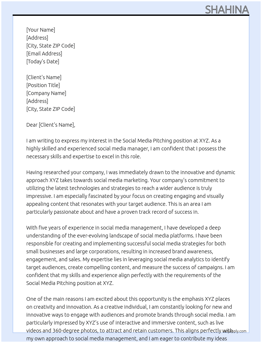 Social media pitching At xyx Cover Letter