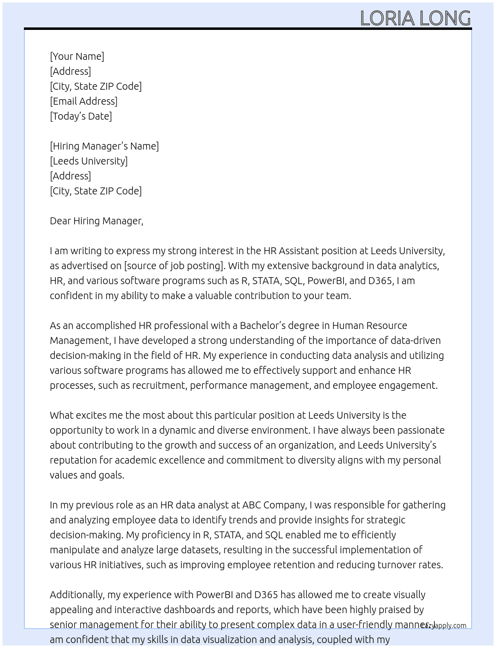 HR Assistant At Leeds University  Cover Letter