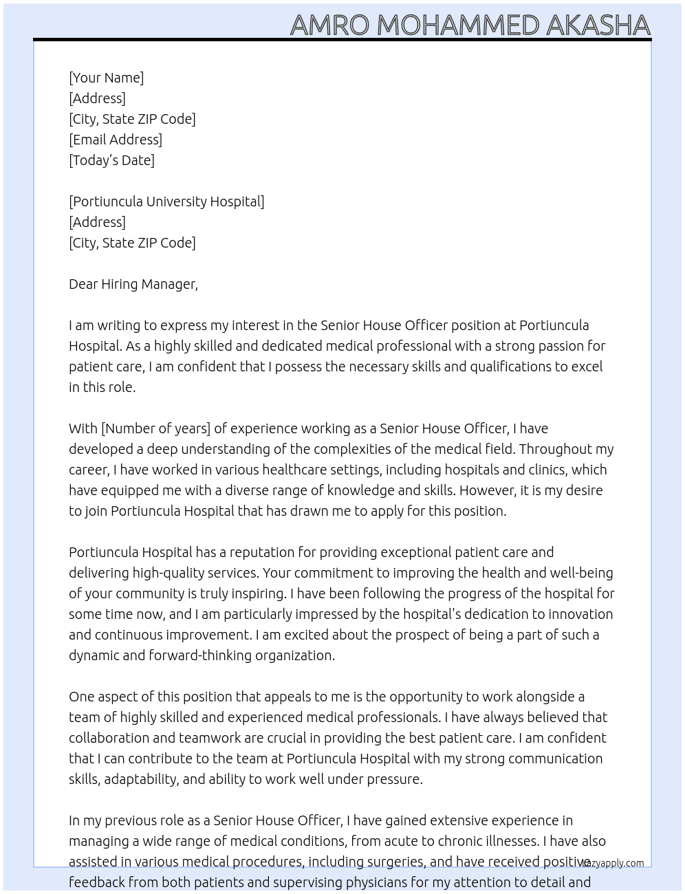 Senior House officer At Portiuncula Hospital Cover Letter