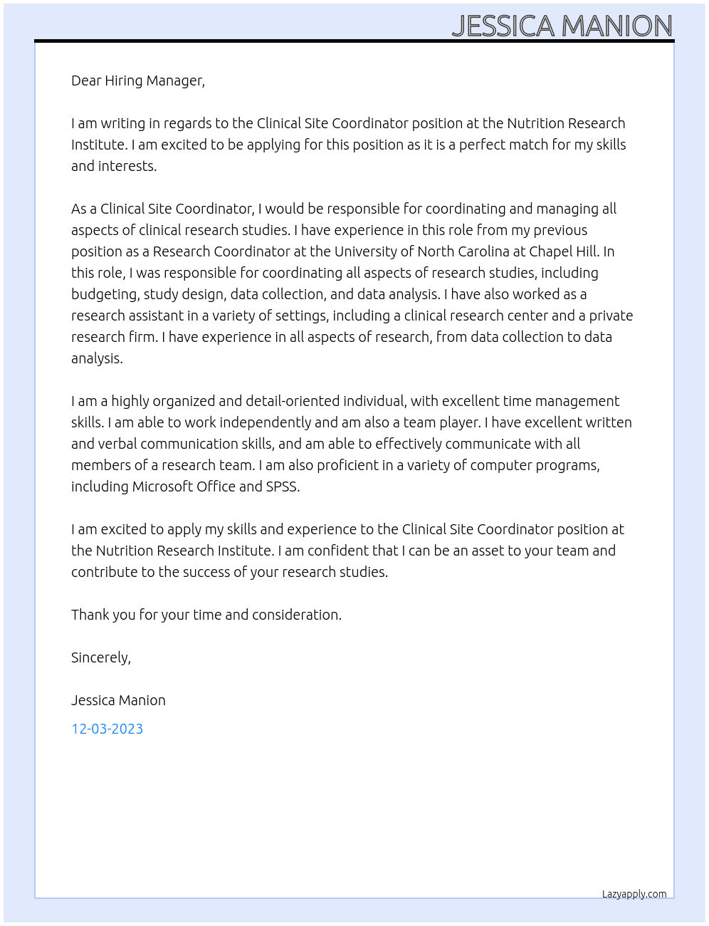 Clinical Site Coordinator At Nutrition Research Institute  Cover Letter