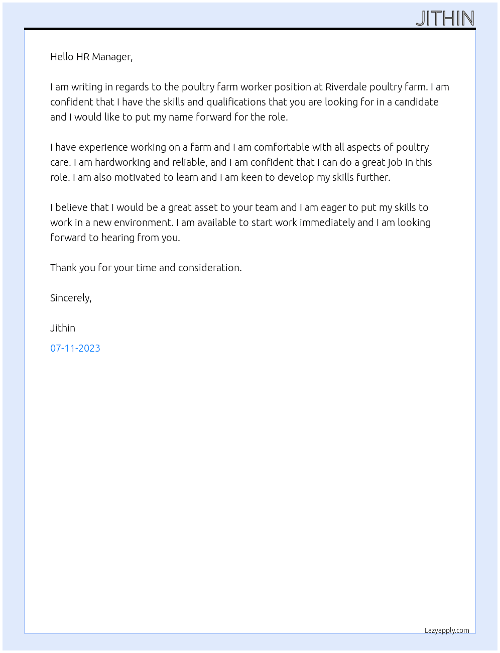 Poultry farm worker  At HR Manager  Cover Letter