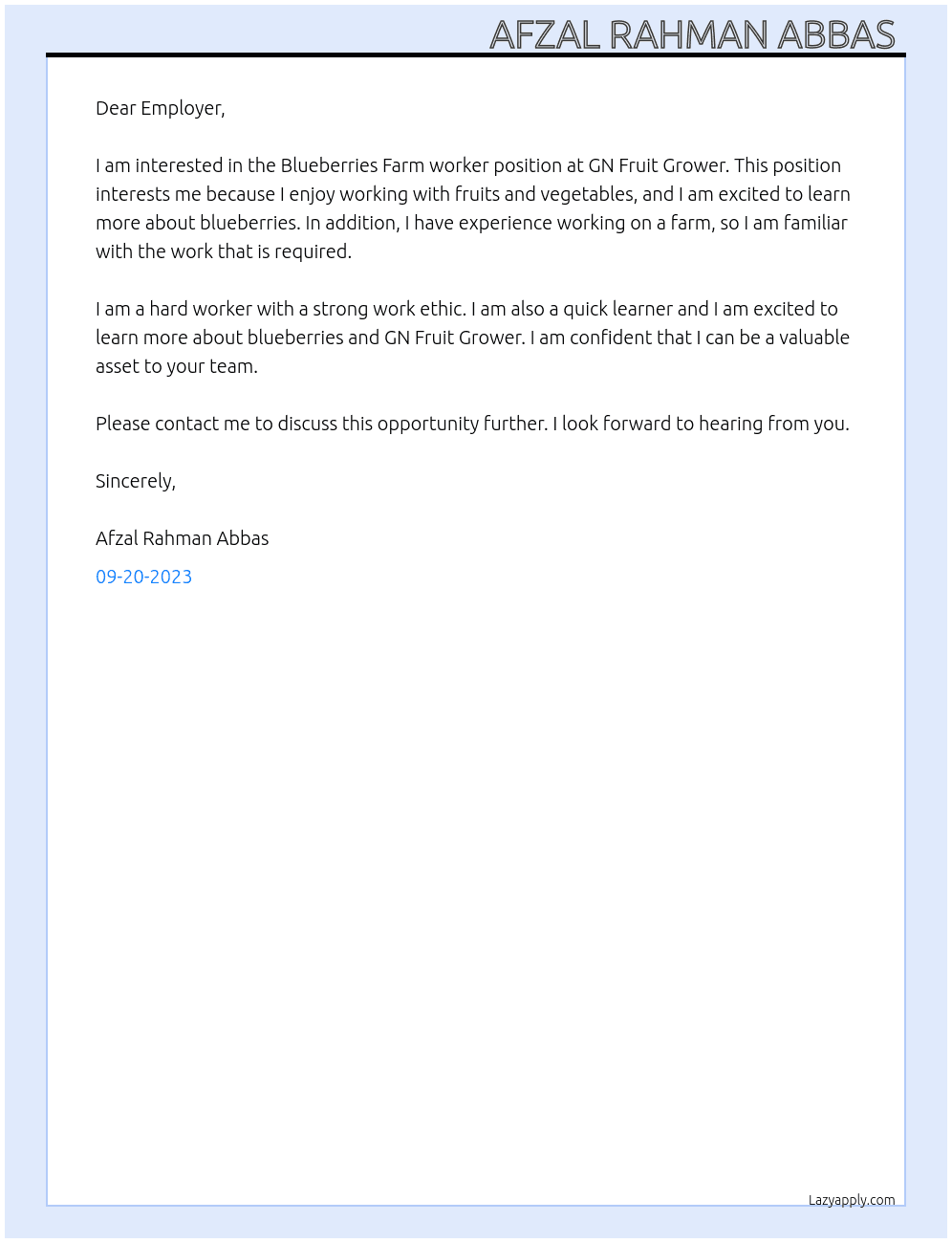Blueberries Farm worker At GN Fruit Grower Cover Letter
