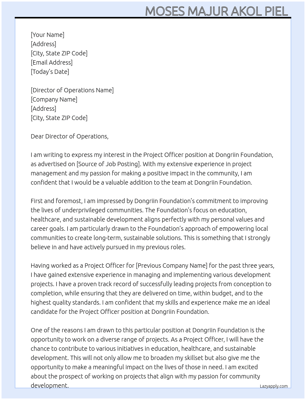 Project Officer  At Dongriin Foundation  Cover Letter