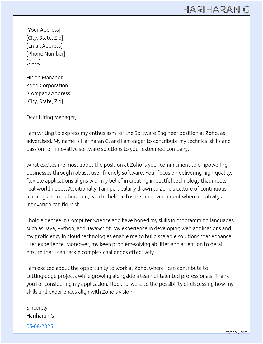 Software engineer  At Zoho Cover Letter