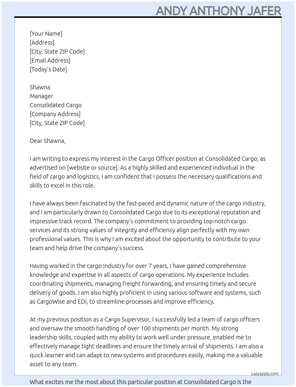 Cargo officer  At Consolidated cargo  Cover Letter