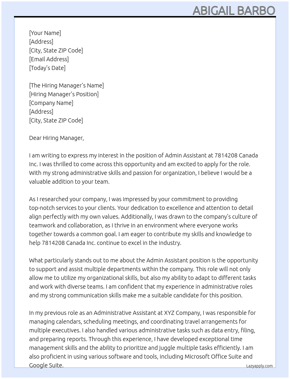 Admin Assistant At 7814208 Canada Inc. Cover Letter