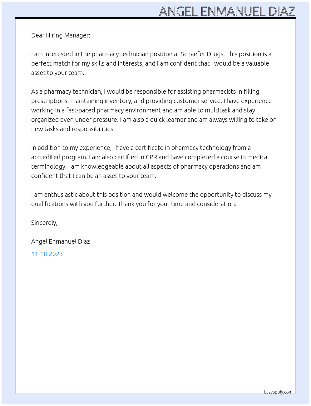 Pharmacy Technician At Schaefer Drugs Cover Letter