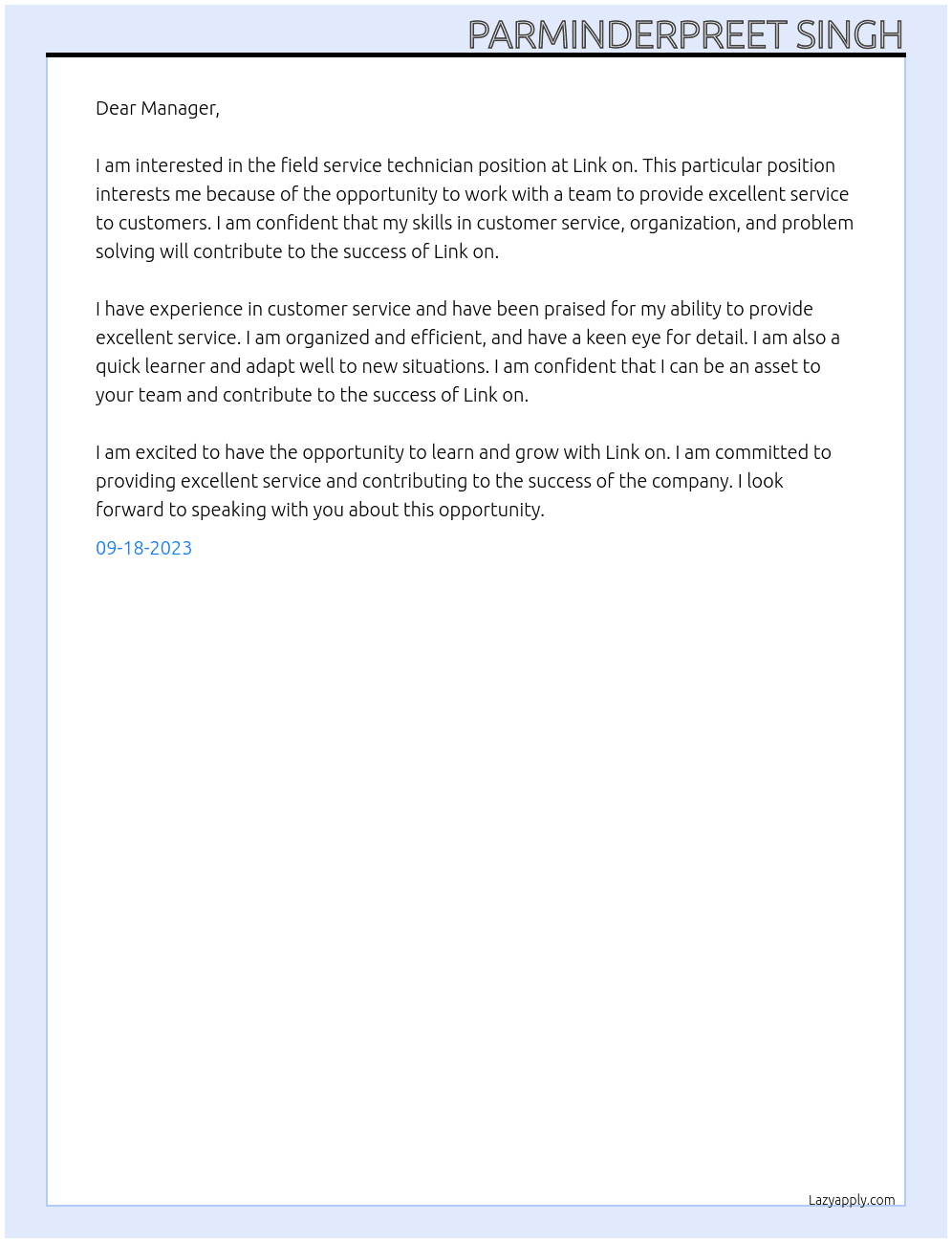 Field service technician  At Link on Cover Letter