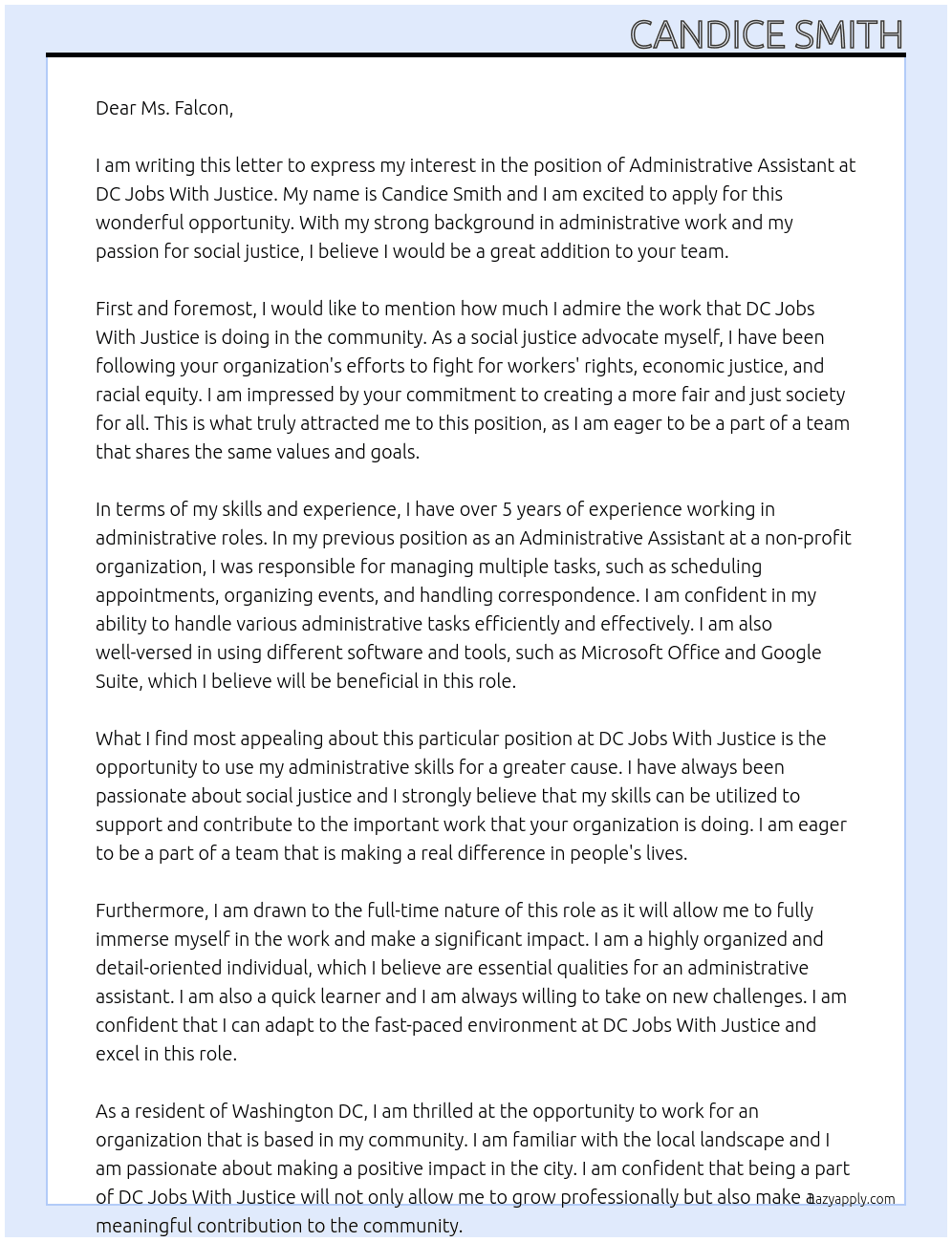 Administrative Assistant  At DC Jobs With Justice  Cover Letter
