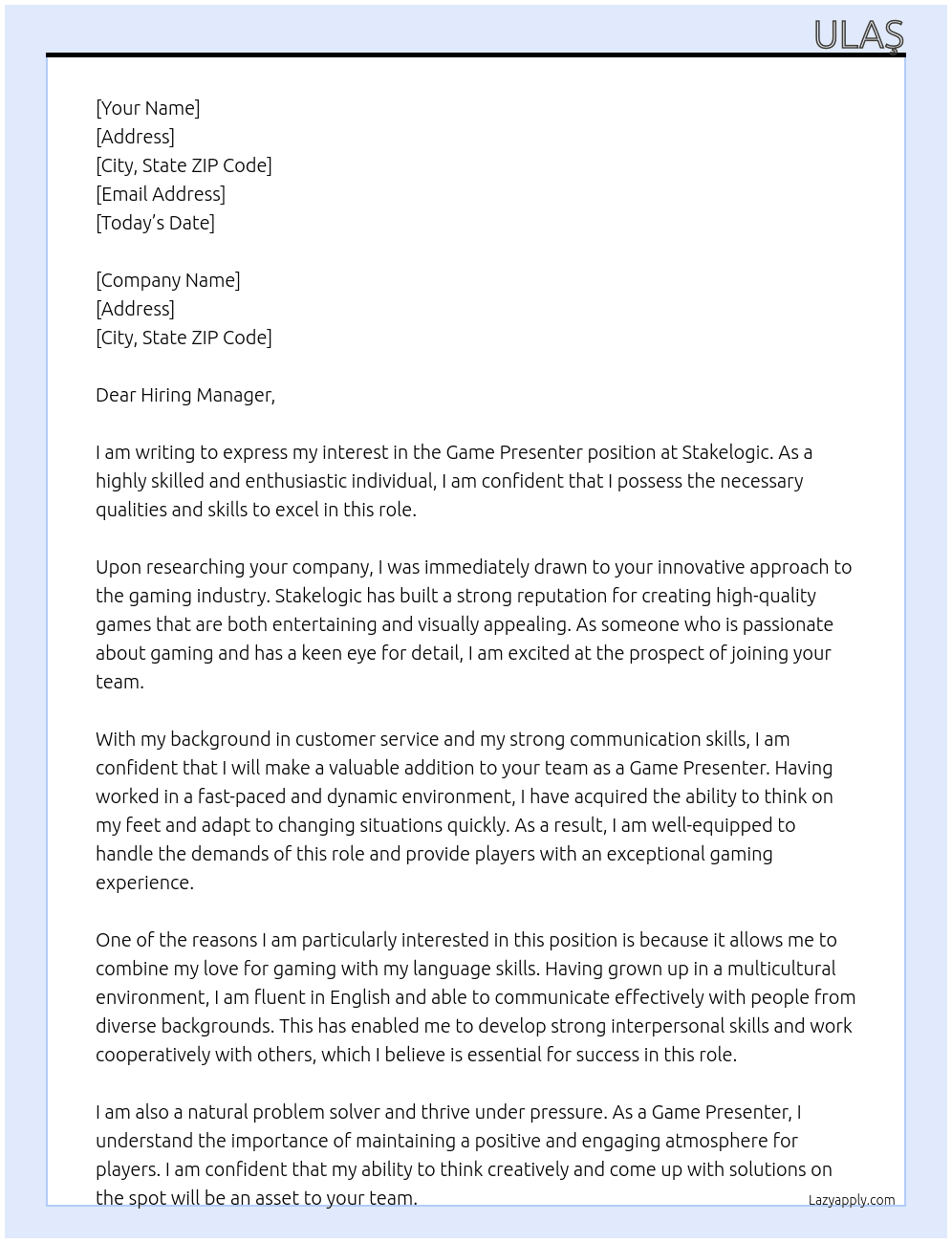Game Presenter At Stakelogic Cover Letter
