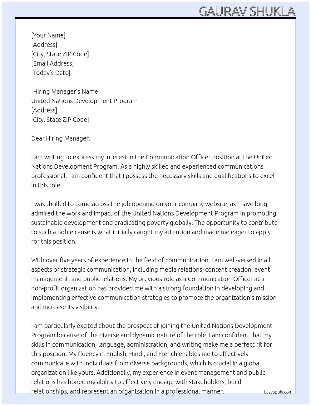 Communication officer At UNITED NATIONS DEVELOPMENT PROGRAM Cover Letter