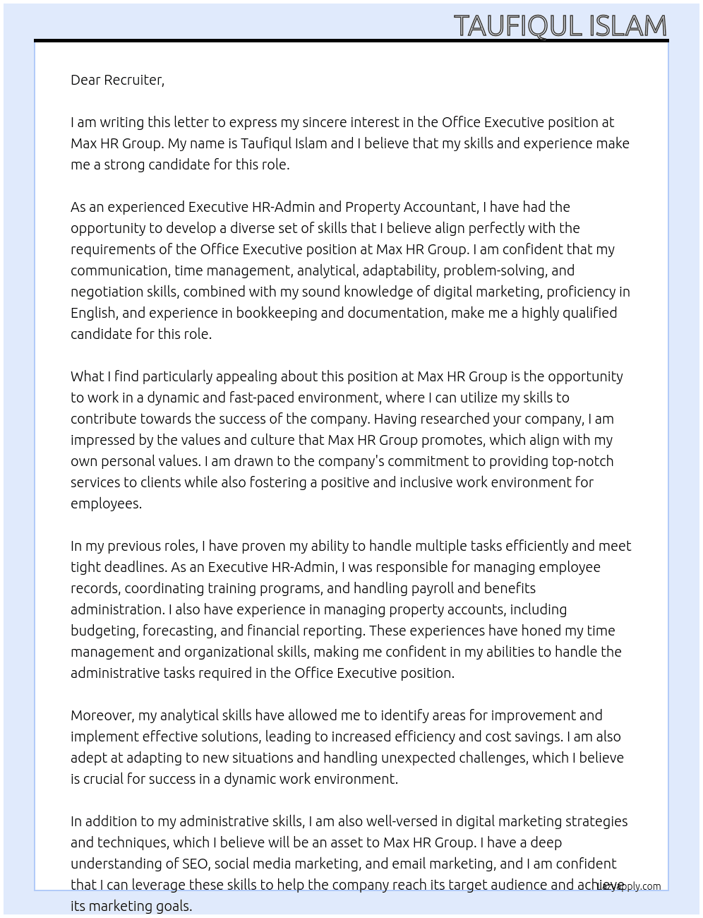Office Executive At Max HR Group Cover Letter