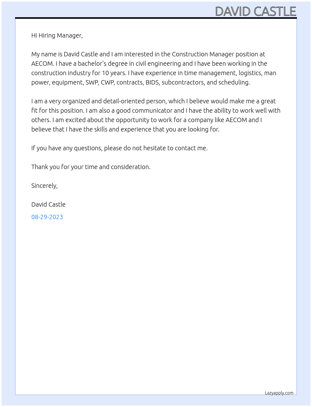 Construction Manager At AECOM Cover Letter