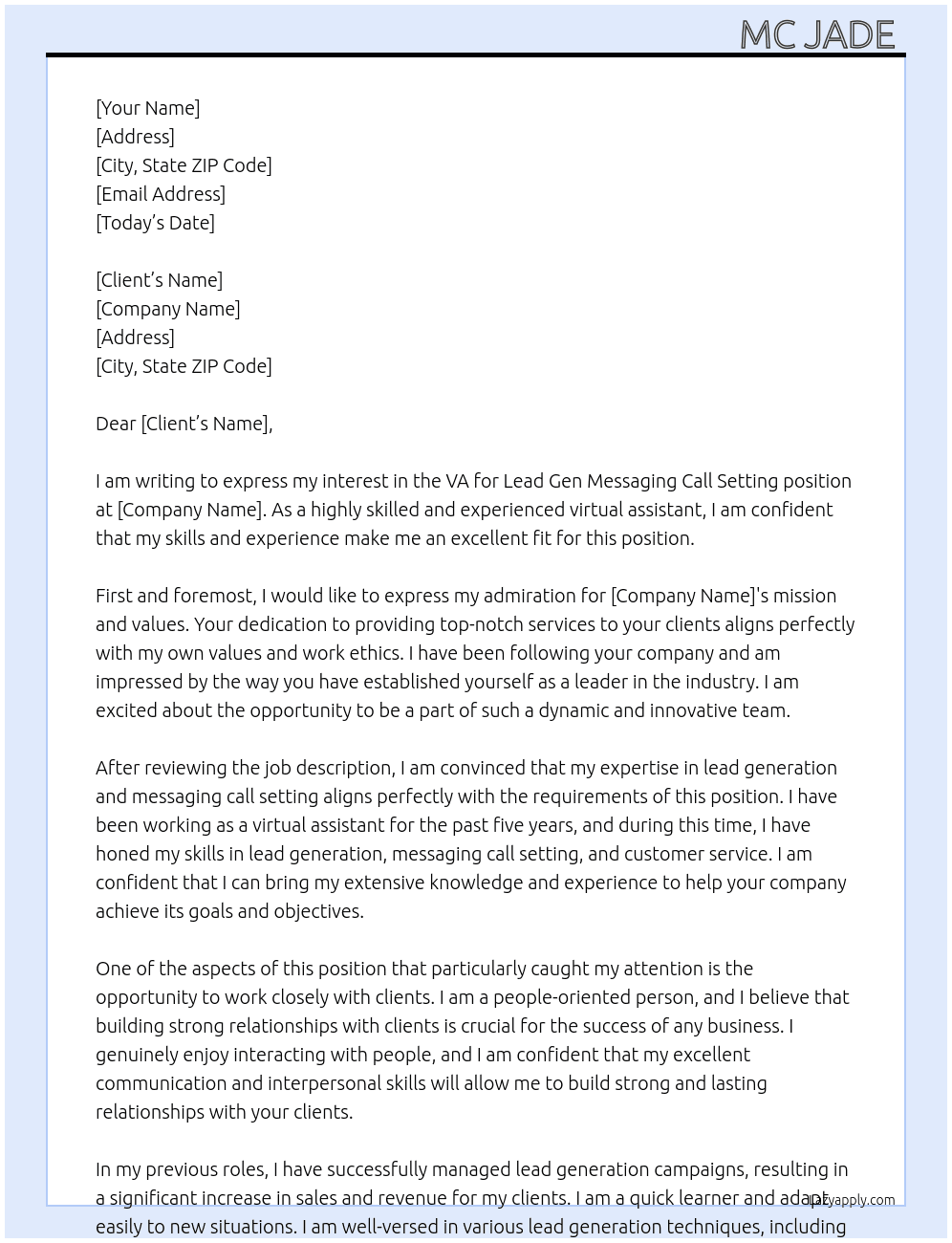VA For Lead Gen Messaging Call Setting At Clients  Cover Letter