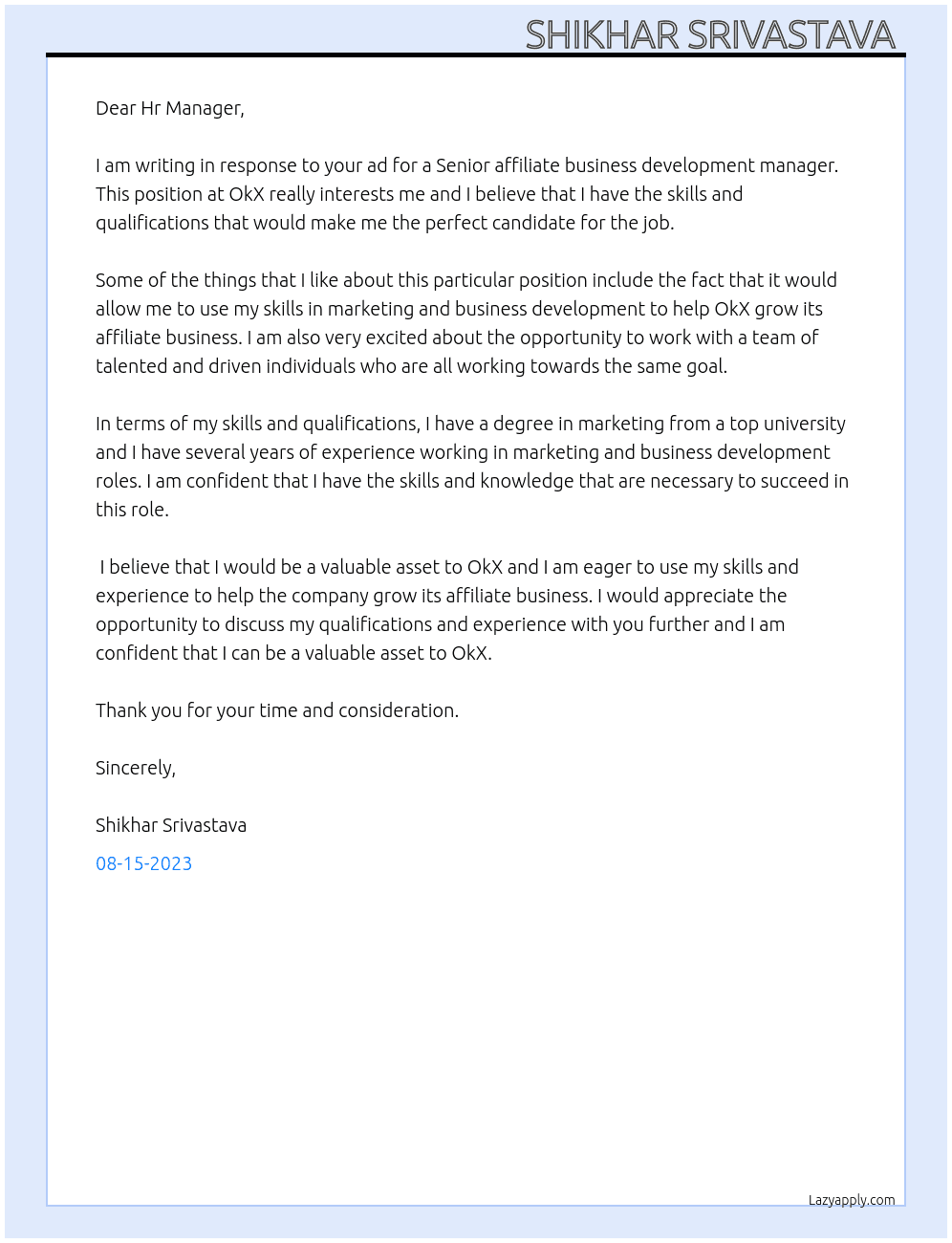 Senior affiliate business development manager  At OkX Cover Letter