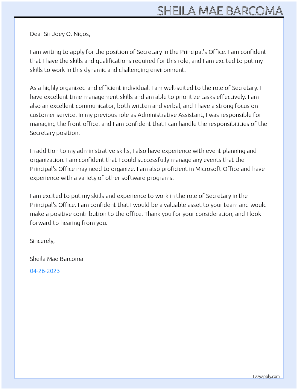 Secretary At Principal's Office Cover Letter