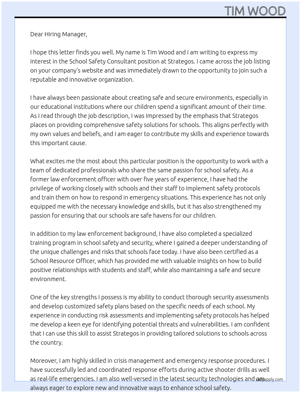 School Safety Consultant At Strategos Cover Letter