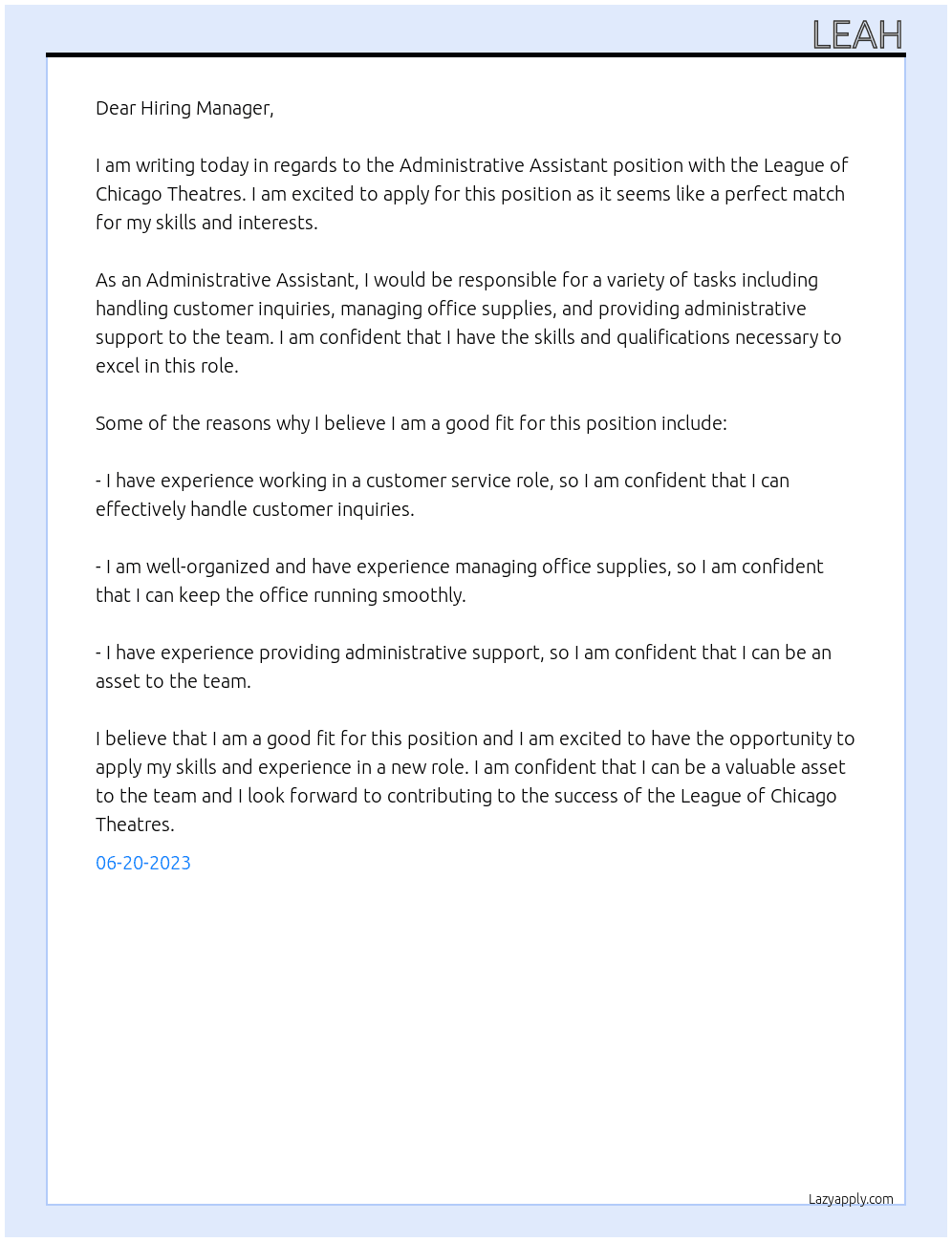 Administrative Assistant At League of Chicago Theatres  Cover Letter
