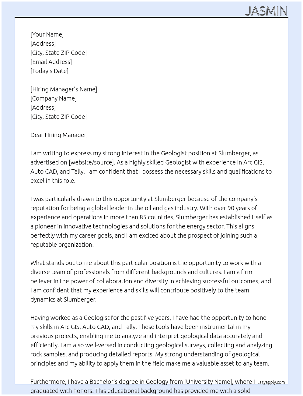 Geologist At Slumberger Cover Letter