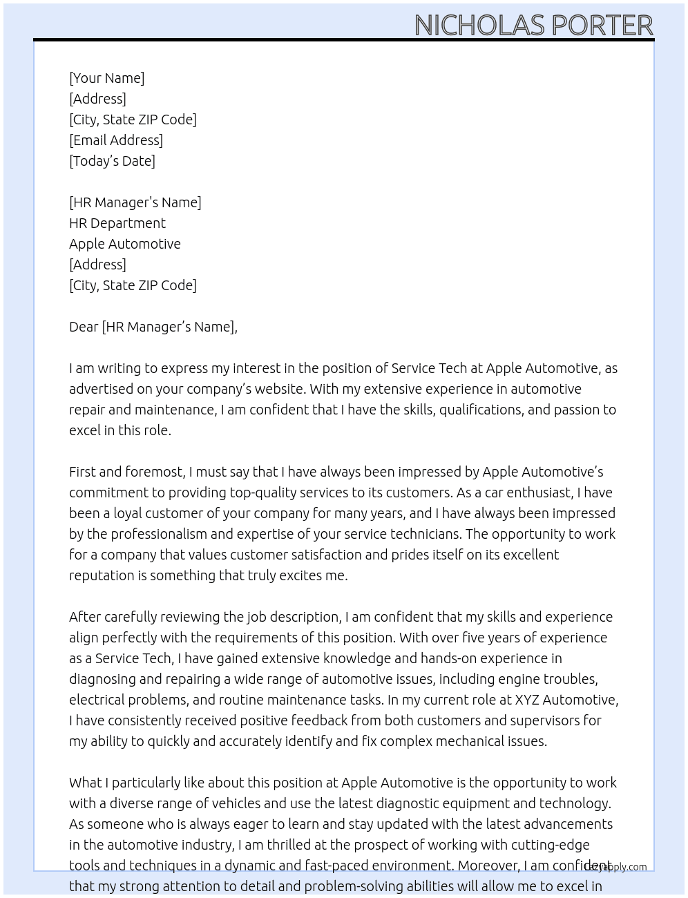 Service Tech At Apple Automotive Cover Letter