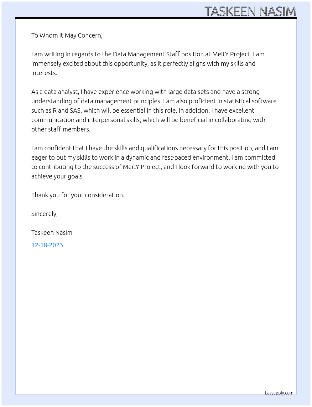 Data Management Staff At MeitY Project Cover Letter