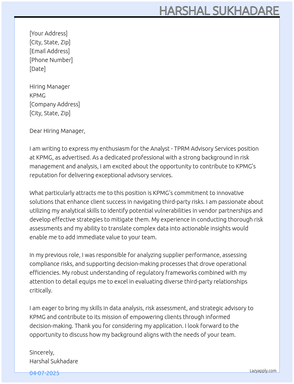 Cover letter for analyst - tprm-advisory services - LazyApply