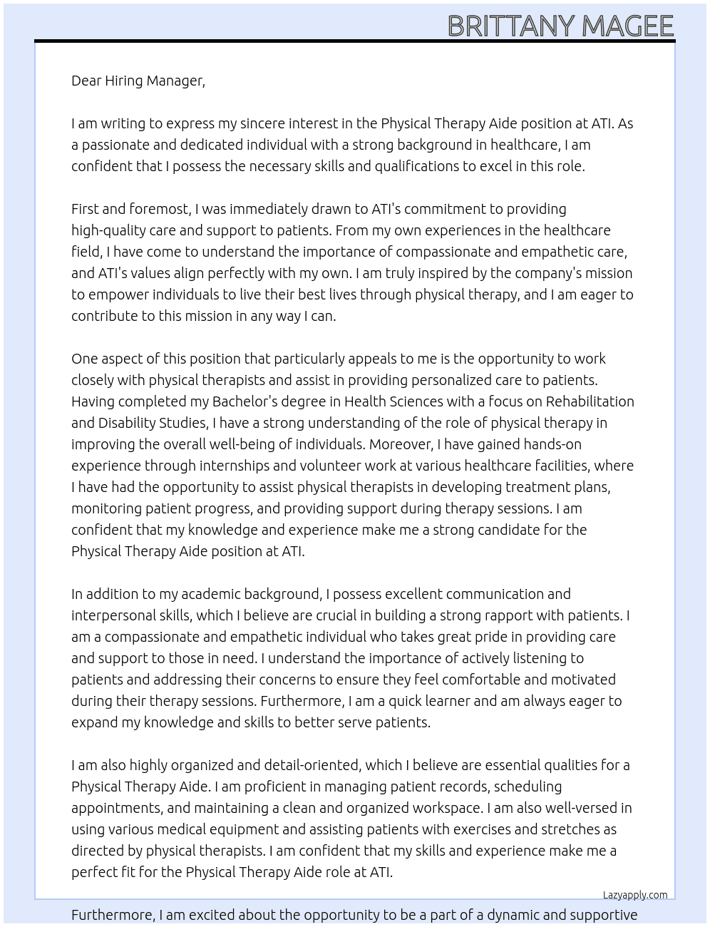 Physical therapy aide  At ATI  Cover Letter