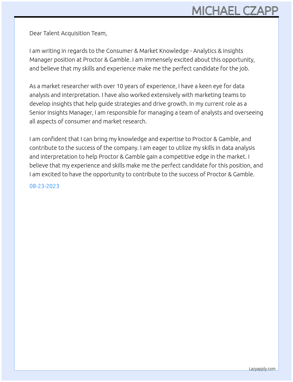 Consumer & Market Knowledge - Analytics & Insights Manager At Proctor & Gamble Cover Letter
