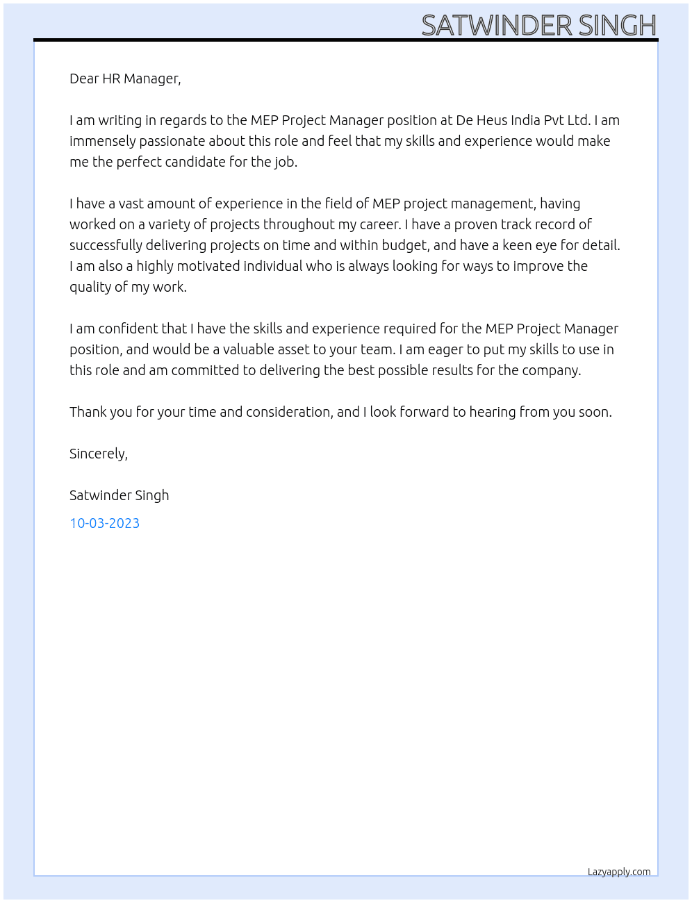 MEP Project Manager At De Heus India Pvt Ltd Cover Letter