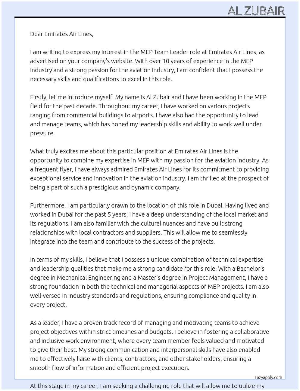 mep team leader At emirates air lines Cover Letter