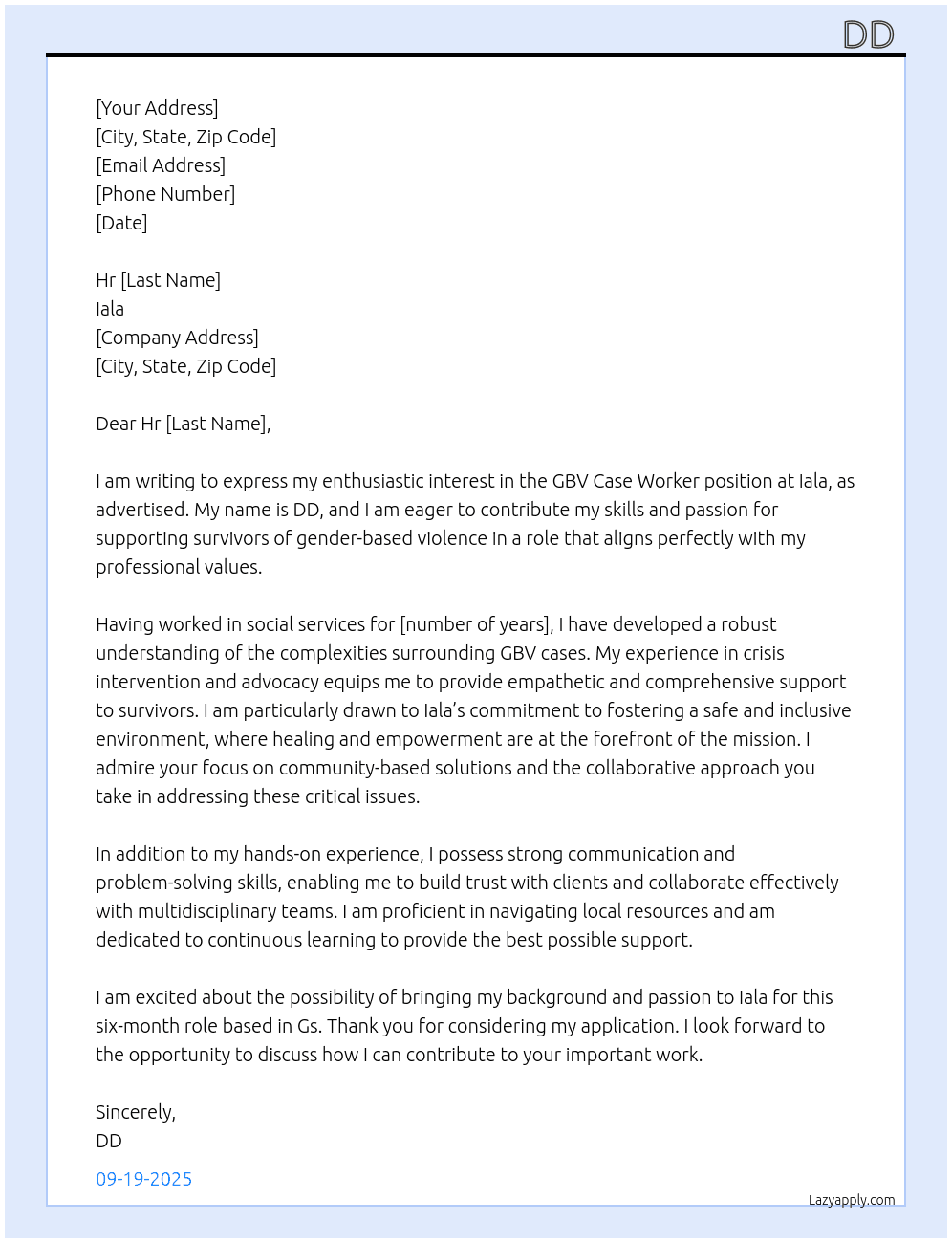 GBV case worker  At Iala Cover Letter