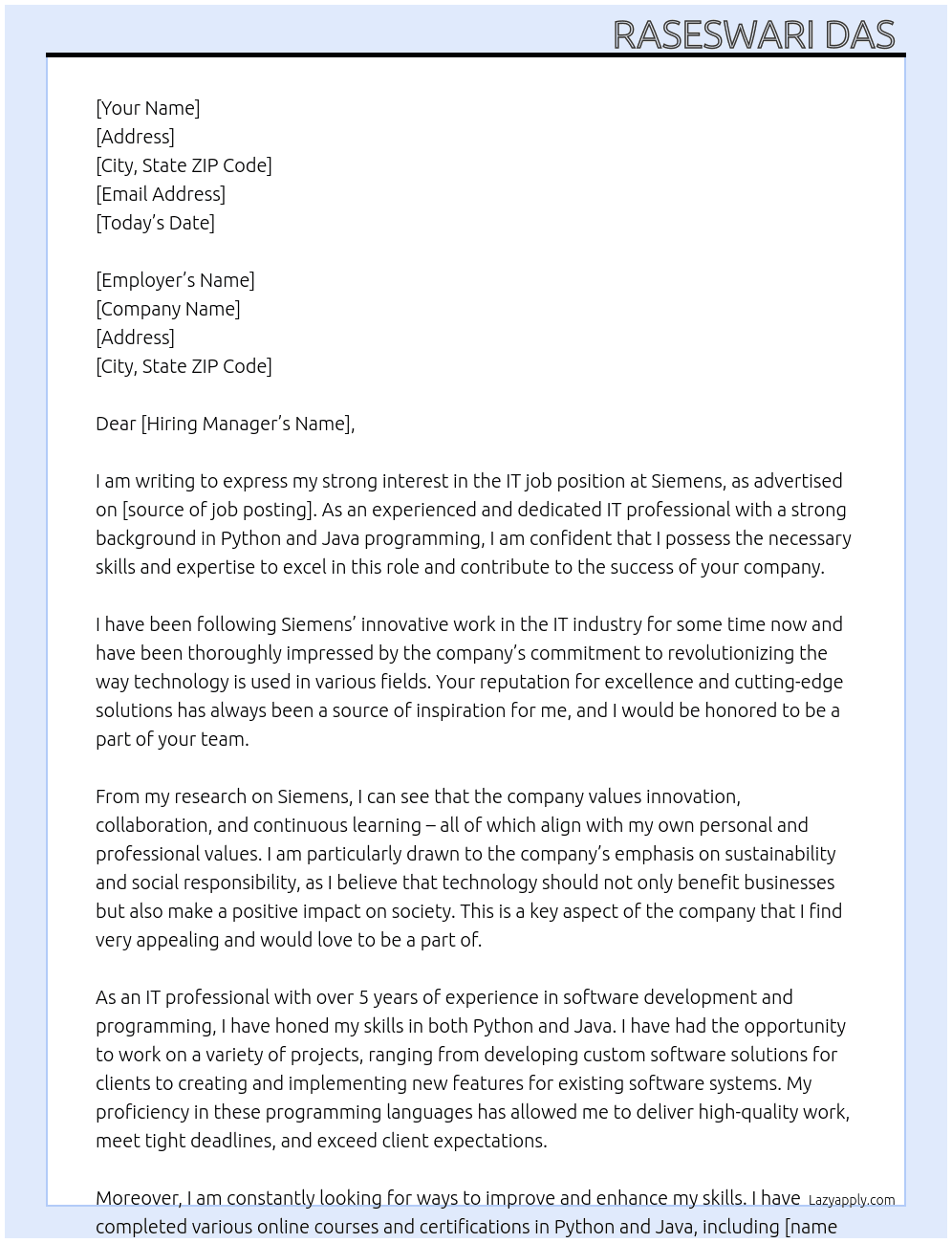 Cover letter for it jobs - LazyApply