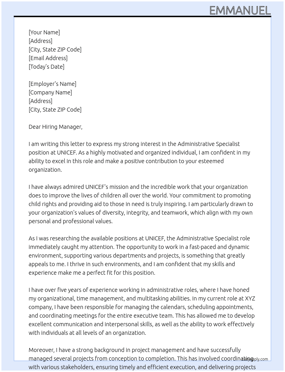 Administrative Specialist At UNICEF Cover Letter