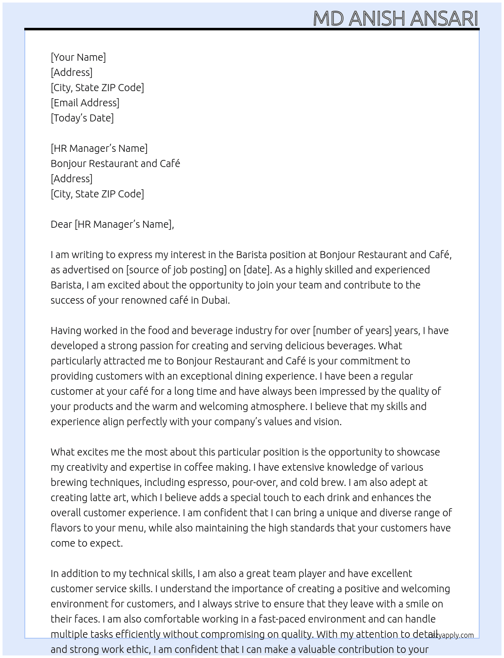 Barista At Bonjour Restaurant and Café - Dubai Cover Letter
