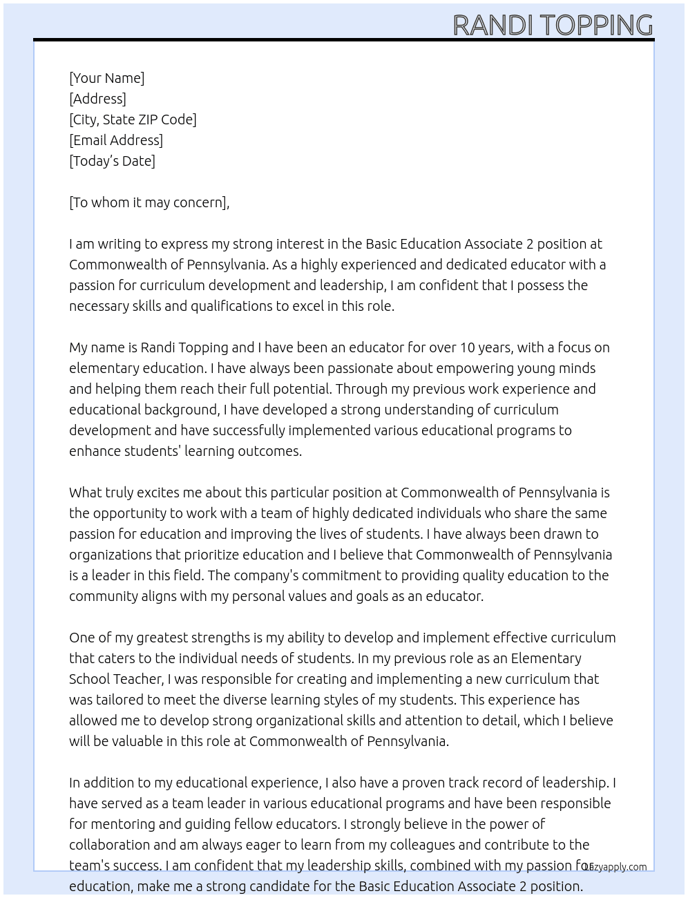 Basic Education Associate 2 At Commonwealth of Pennsylvania Cover Letter