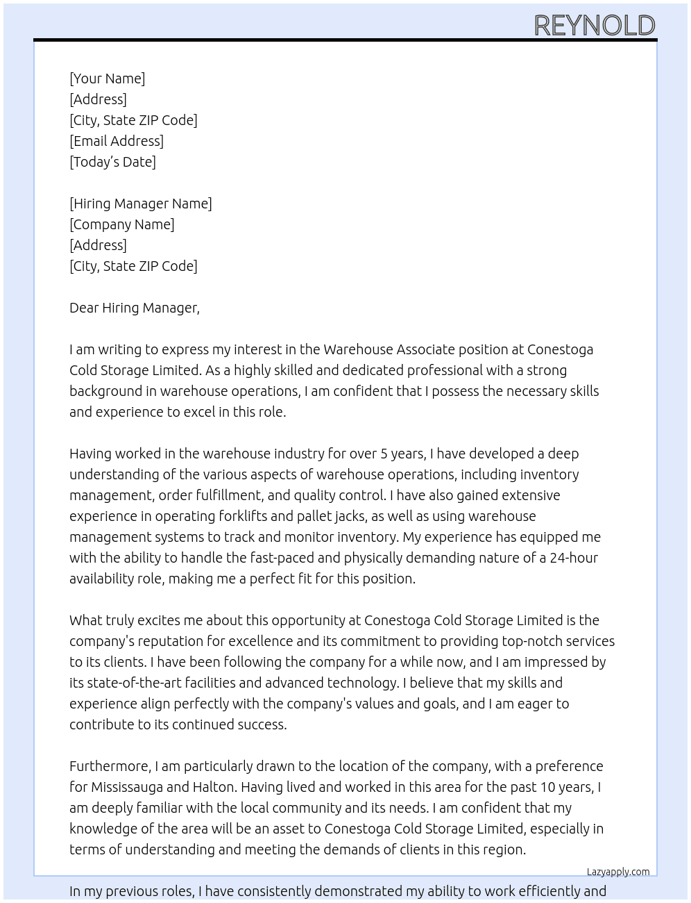 Warehouse associate At Conestoga Cold Storage Limited Cover Letter