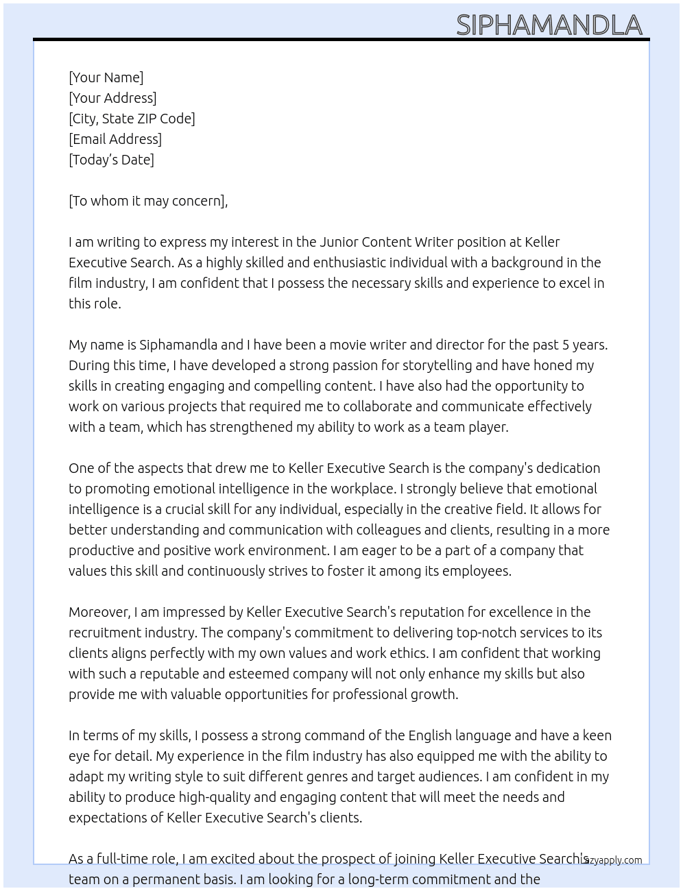 Junior content writer  At Keller Executive search  Cover Letter