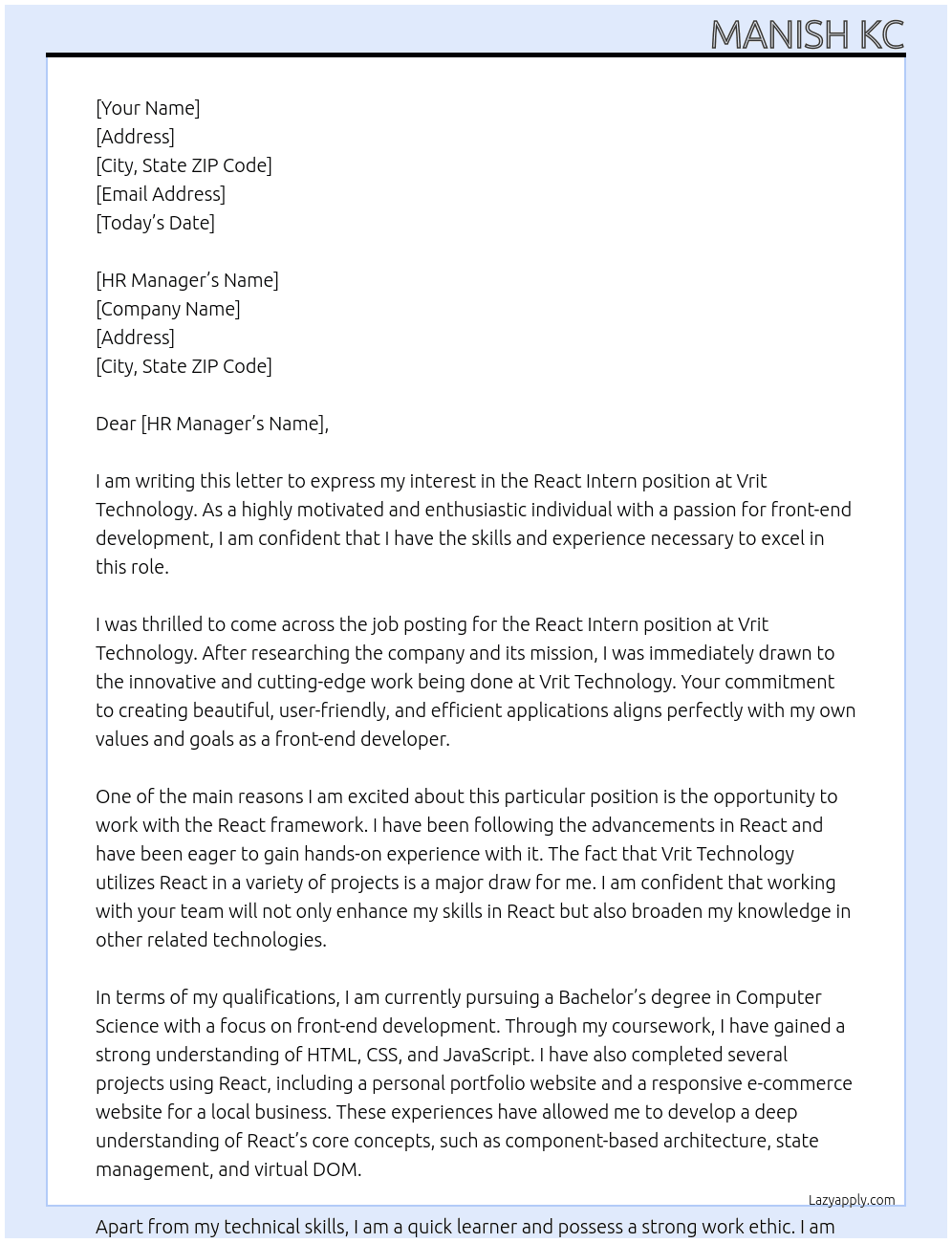 React Intern At Vrit Technology Cover Letter