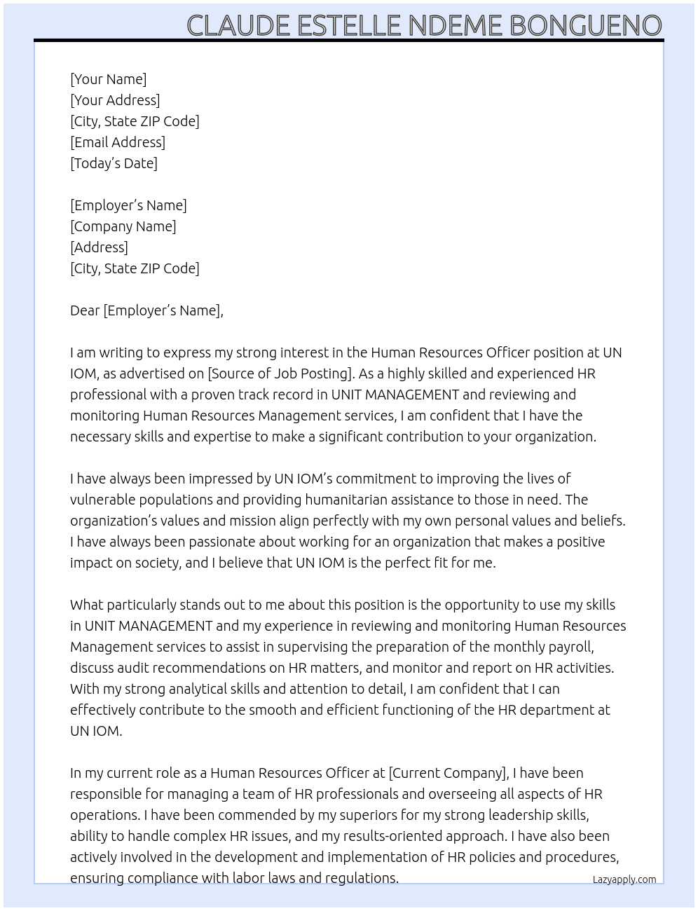 Human Resources Officer At UN IOM Cover Letter