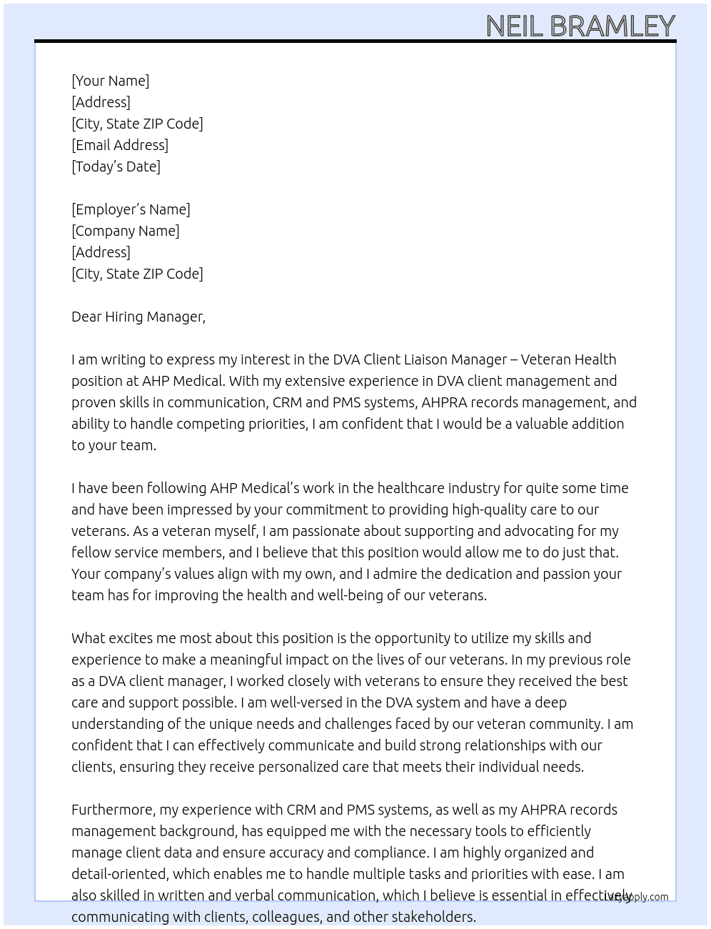 DVA Client Liason Manager - Veteran Health At AHP Medical Cover Letter