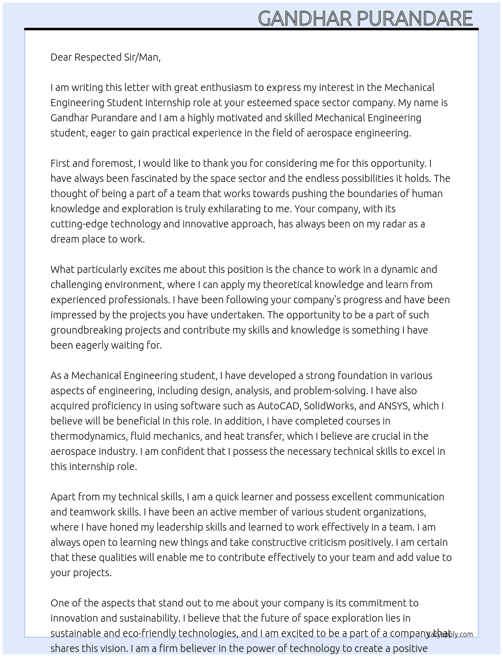 Mechanical Engineering Student  At Space sector company  Cover Letter