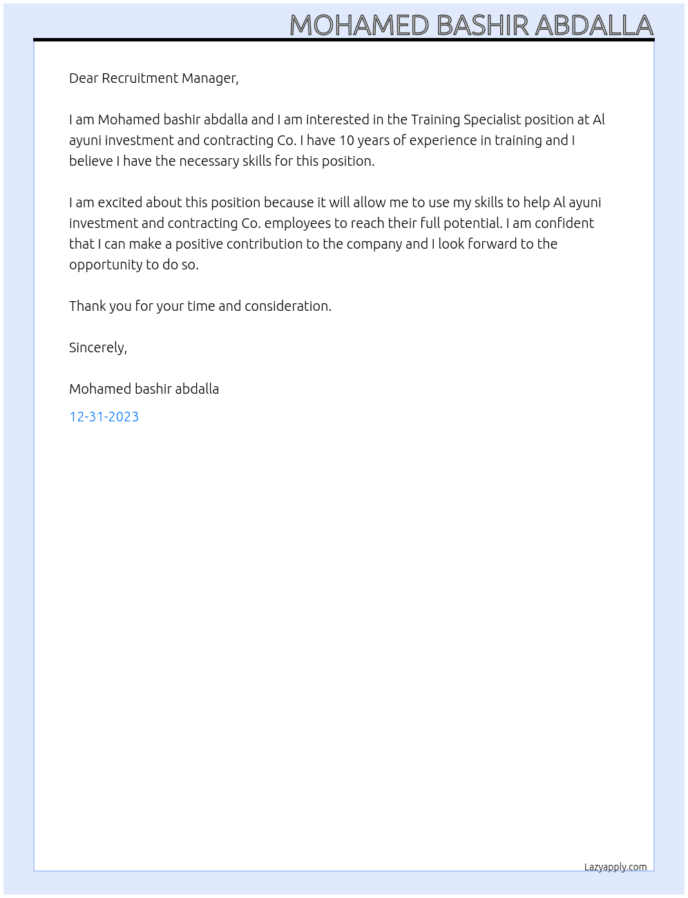 Training specialist  At Al ayuni investment and contractingCo. Cover Letter
