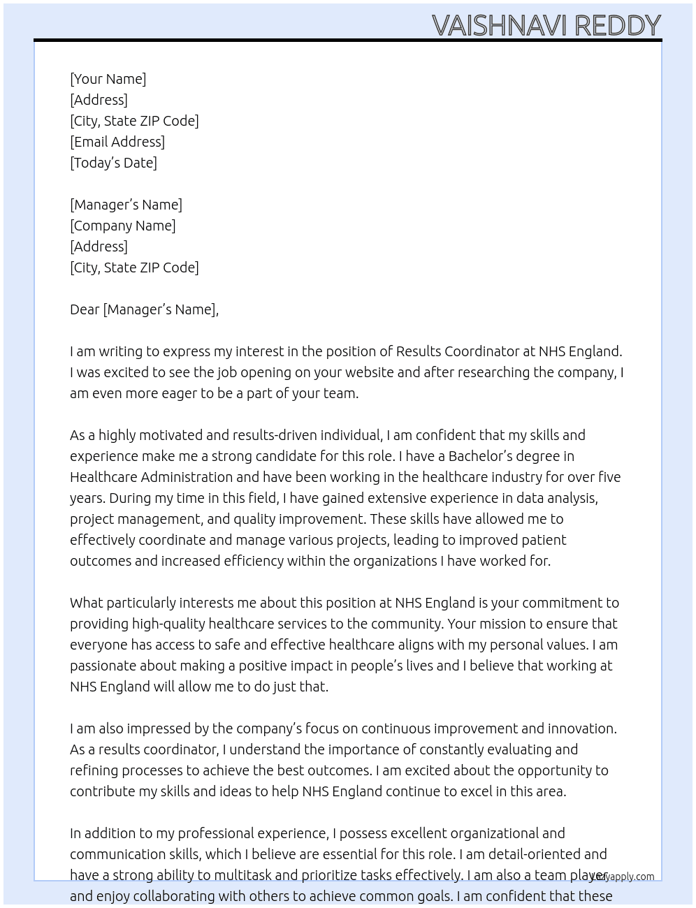 results coordinator At NHS england Cover Letter