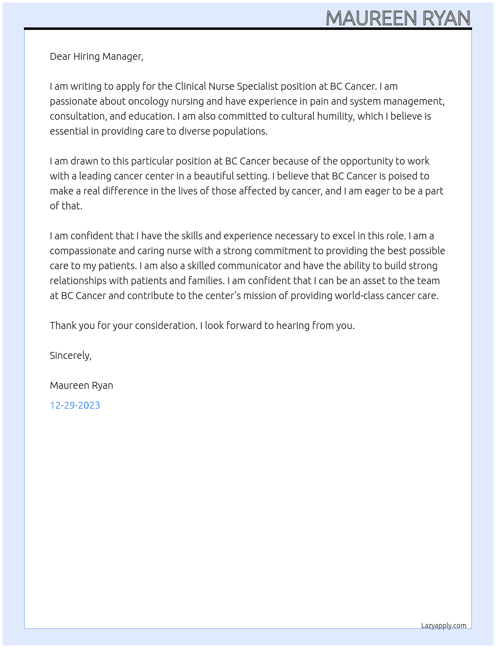 Clinical Nurse Specialist  At BC Cancer Cover Letter