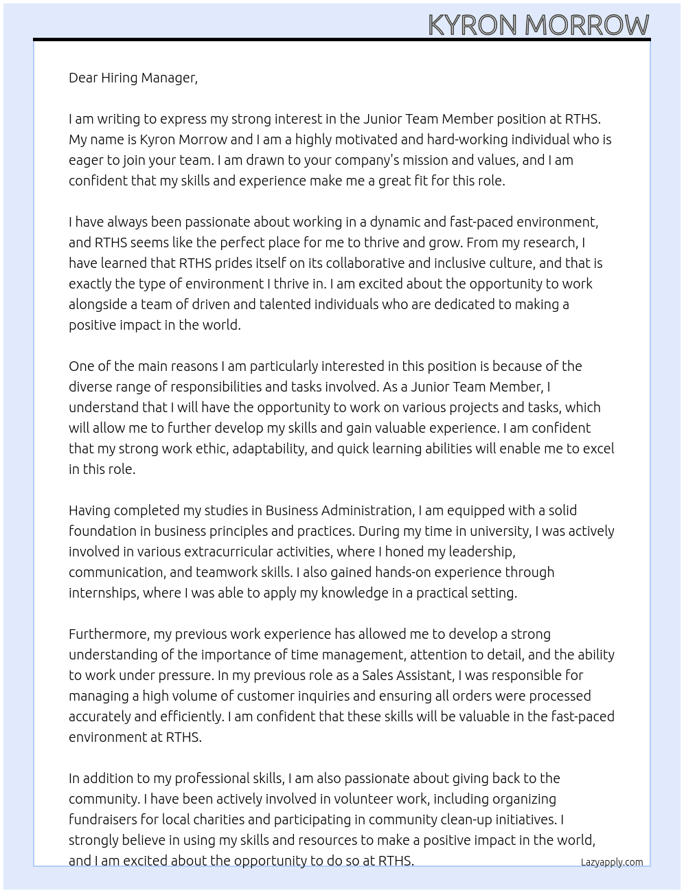 junior team member position   At RTHS Cover Letter
