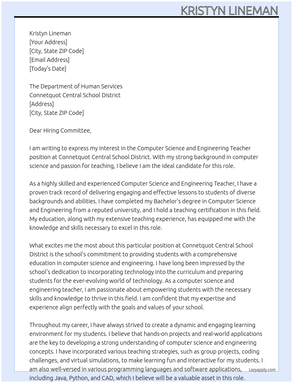 Computer Science and Engineering Teacher At Connetquot Central School District Cover Letter